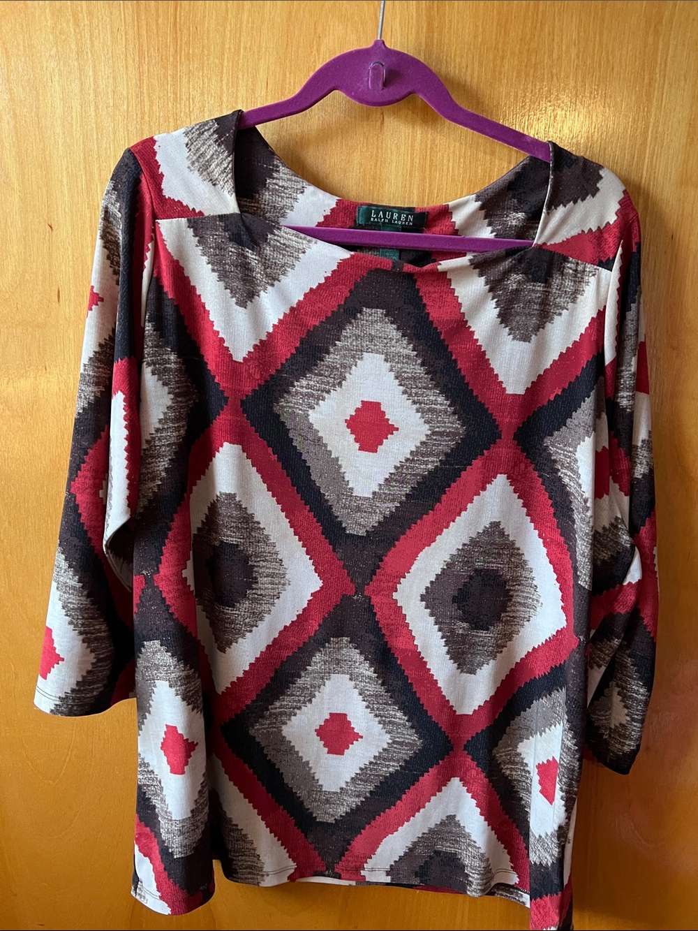 Lauren Ralph Lauren Red, Brown and Cream Geometric 3/4 Sleeve Top size 2X